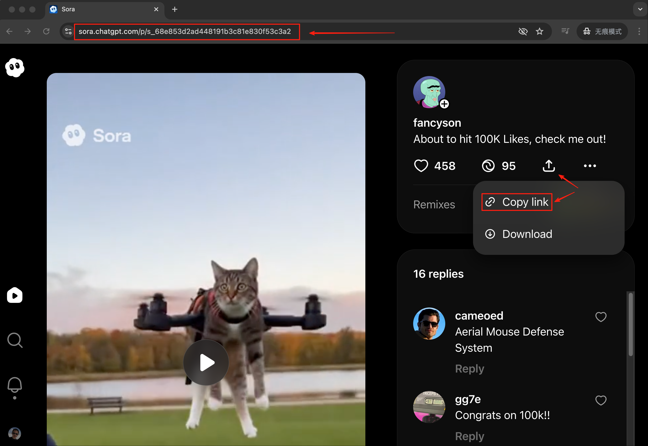 How to copy a Sora share link from the official interface